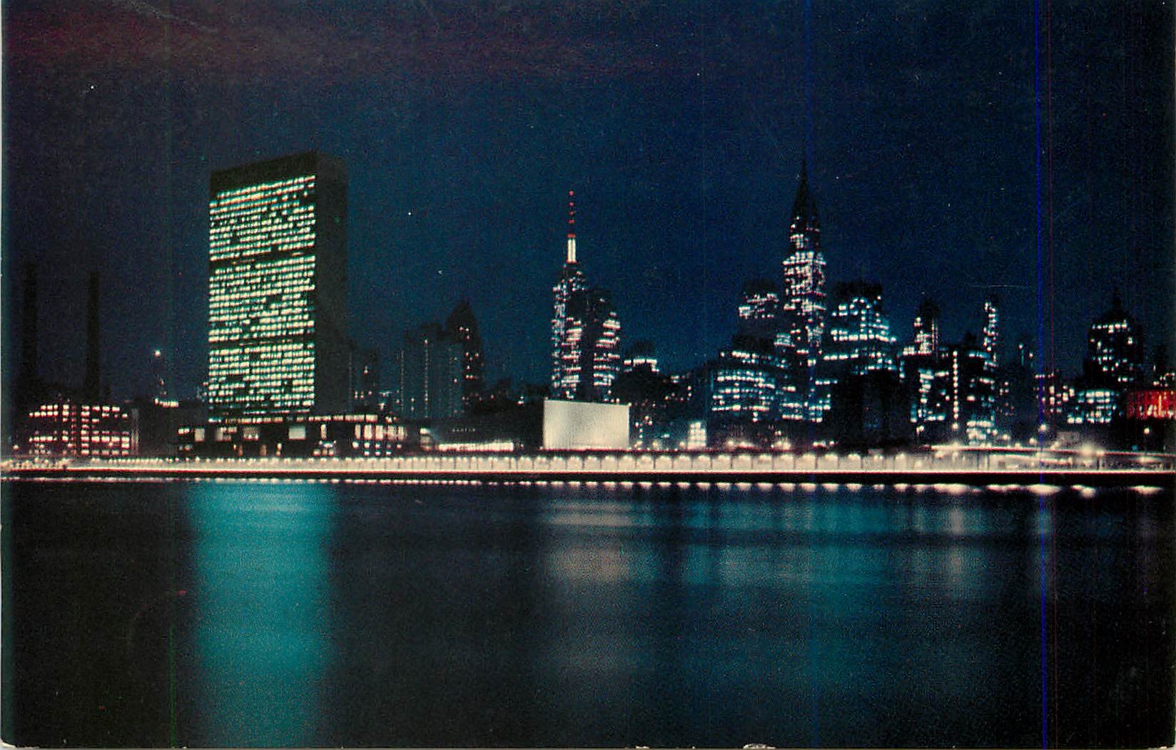 CPM United Nations and New York City Skyline By Night From Welfare Island