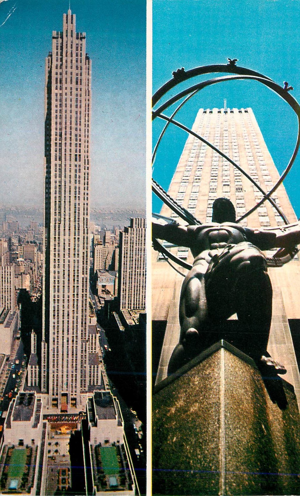 CPM Rockefeller Center Combination View of the Building of Rockefeller Center and a Unique View of the Statue of Atlas N