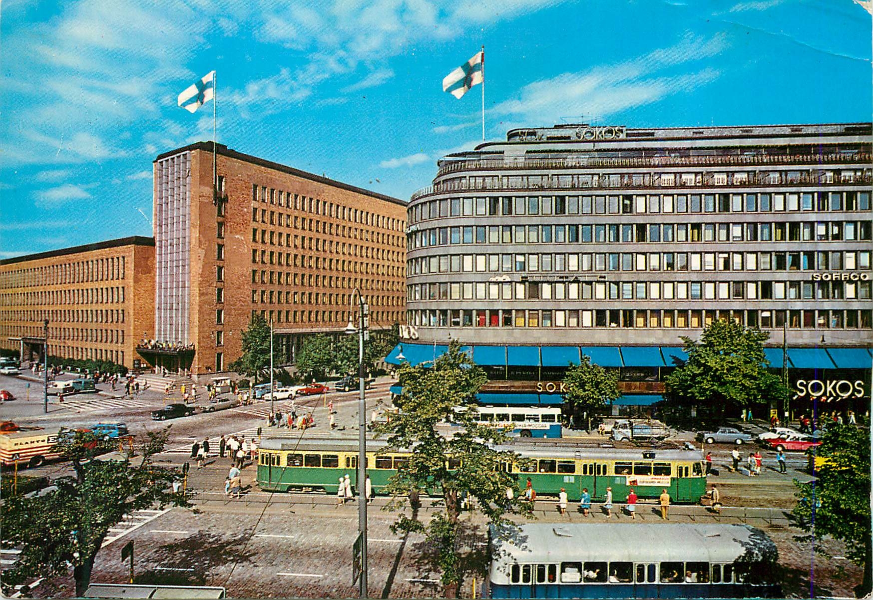 CPM Helsinki Helsingfors The Main post Office Sokos department Stores Tramway