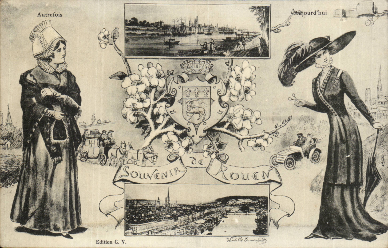 Rouen Souvenir of Rouen Autrefois-Aujourd' today-Car-Horse - CPA