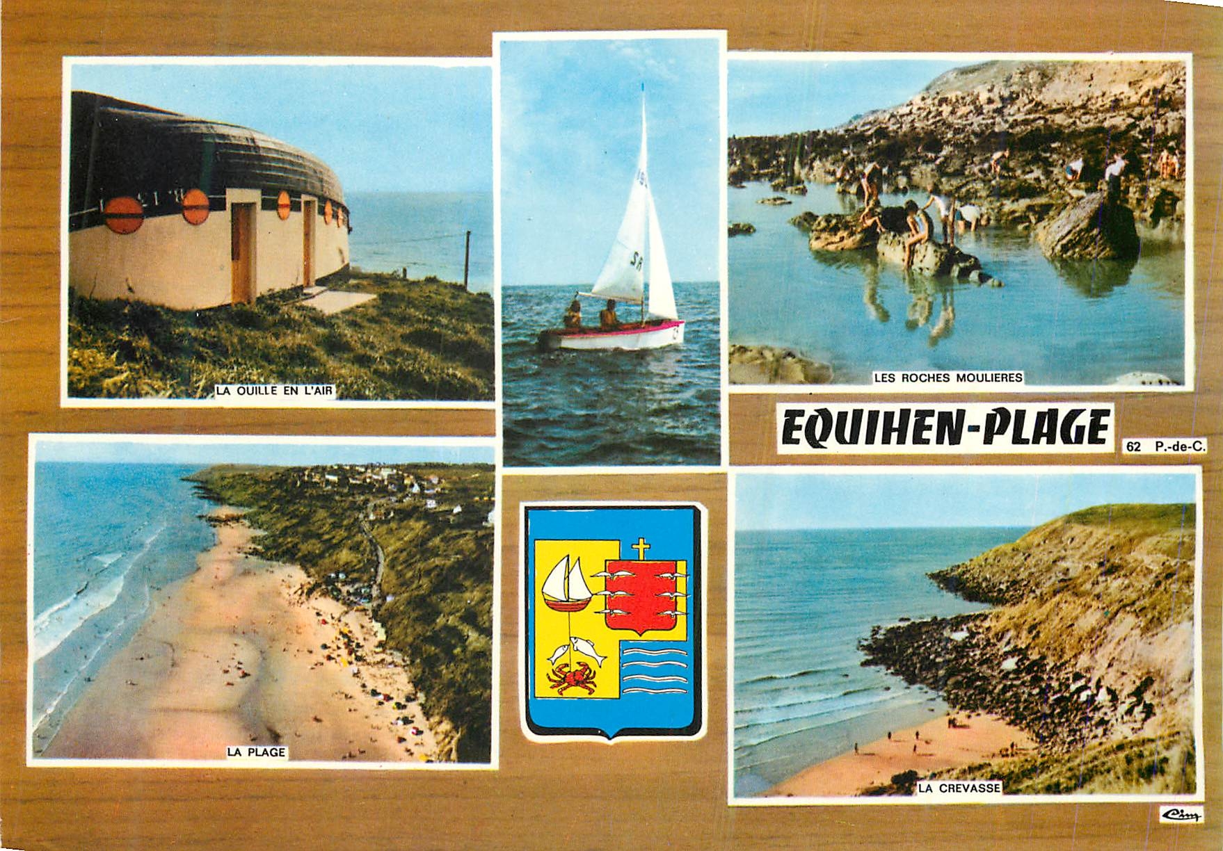 CPM Equihen Place (P de C) La Ouille en l'air Les roches moulieres La plage La crevasse