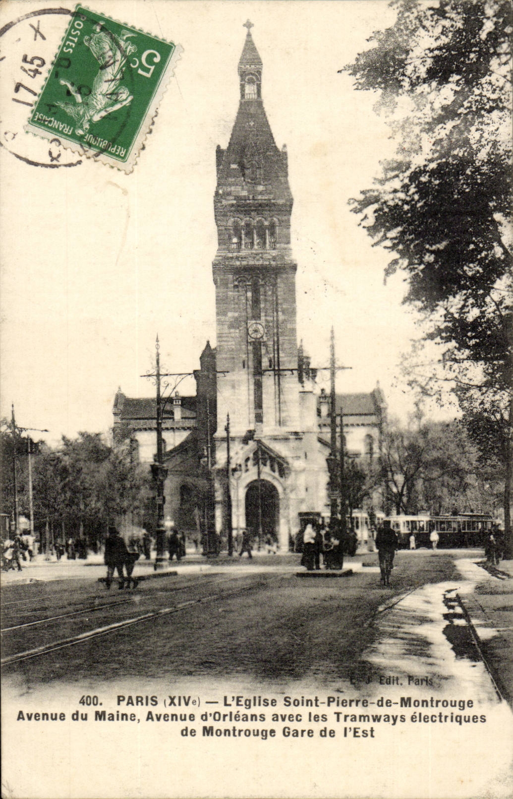 Paris - the 14 Church St Pierre de Montrouge - Avenue of Maine Avenue of Orleans with the electric tram - CPA