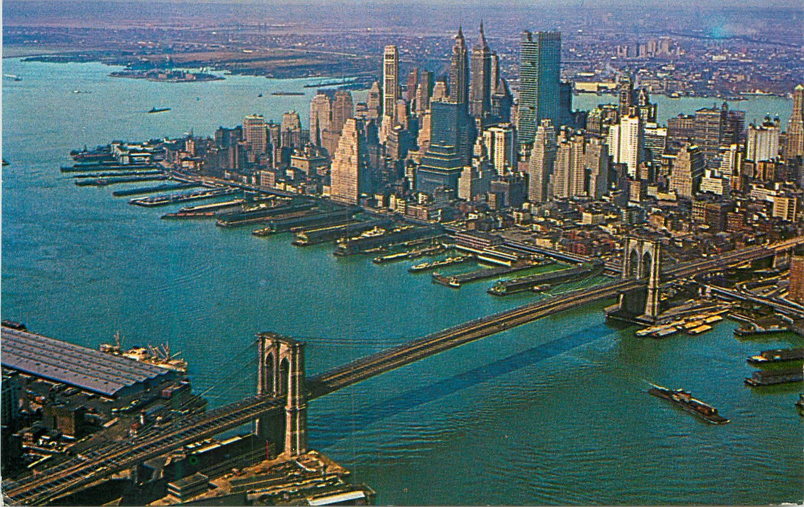 CPM New York City Skyline Aerial Panoramic View Showing the Brooklyn Bridge and the Downtown