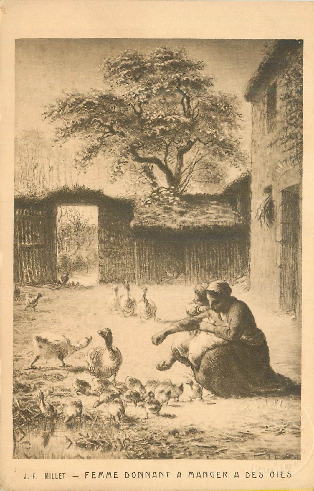 CPA J F Millet Femme Donnant a Manger a des Oies