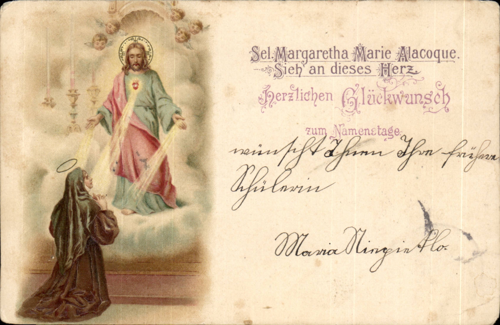 Herlizlichen Gluckwunsch zum Namentage- Salt Margaretha Marie Macoque- Sieh year Herz-CPA sharp