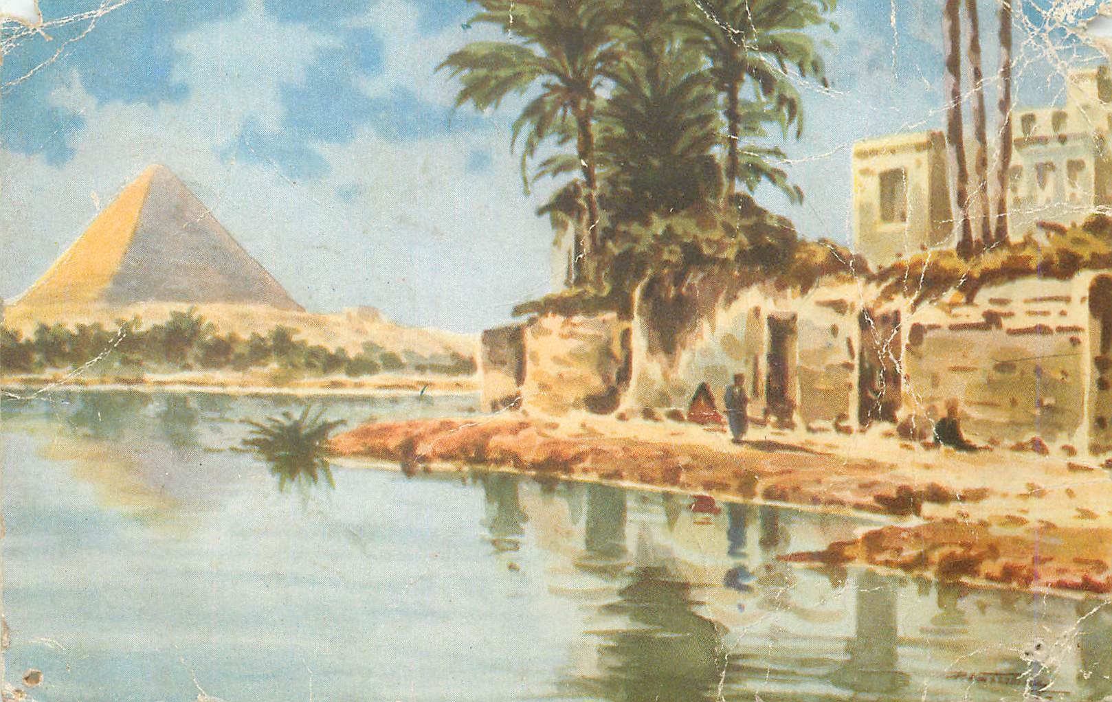 CPA Village scene near Giza Pyramids 