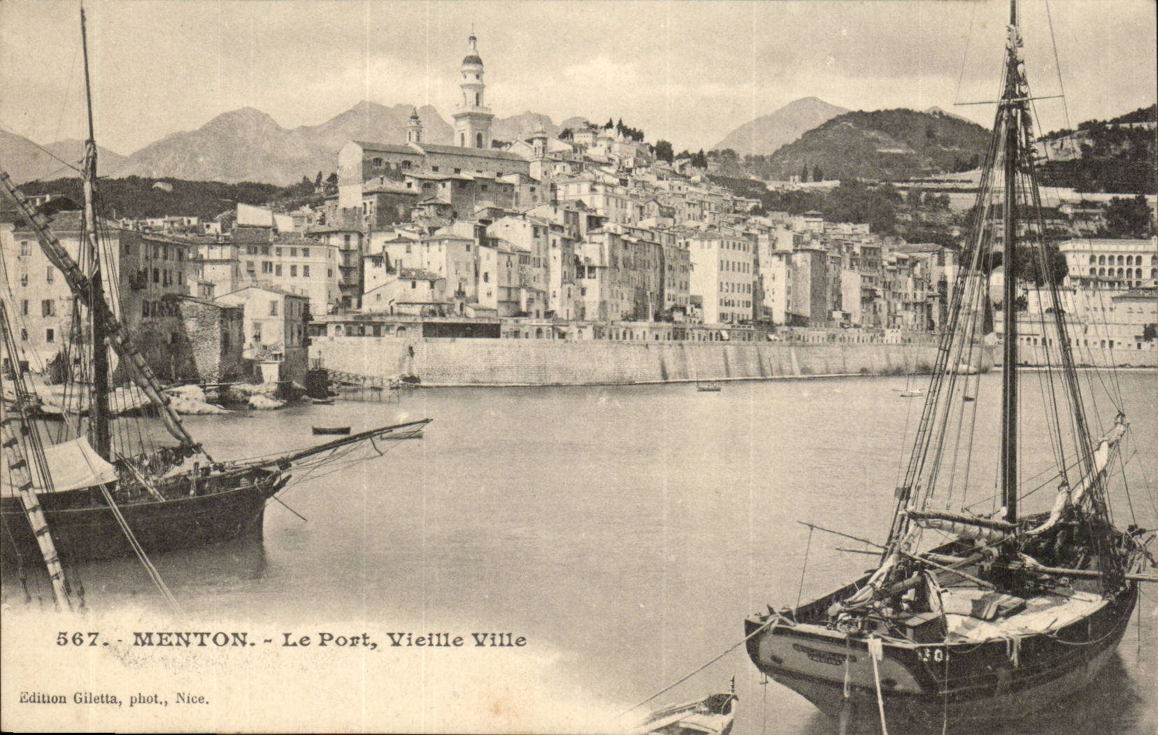Menton - the Port and the Old City - boat - CPA