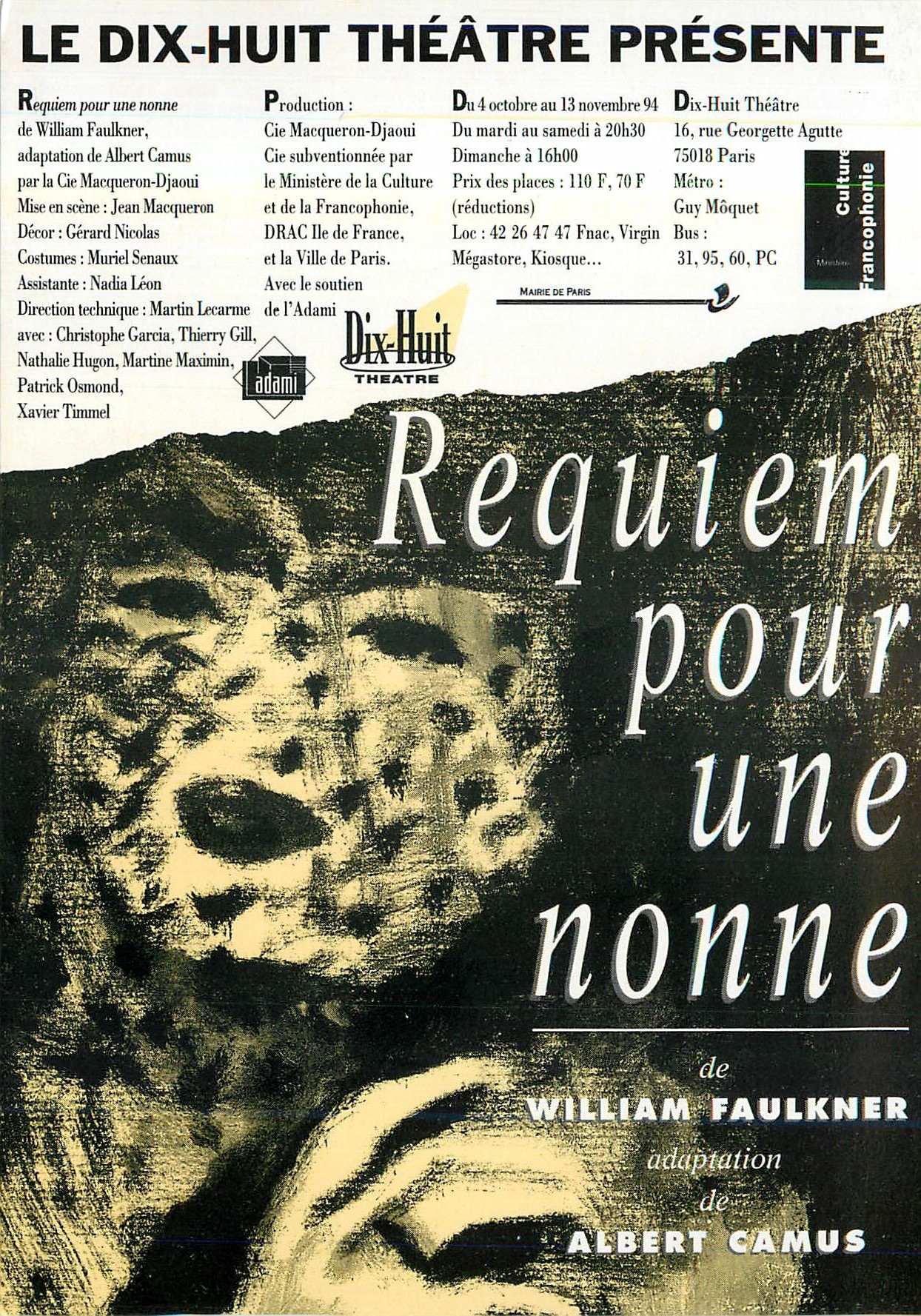 CPM Le Dix Huit Theatre Presente Requiem pour une Nonne William Faulkner Albert Camus