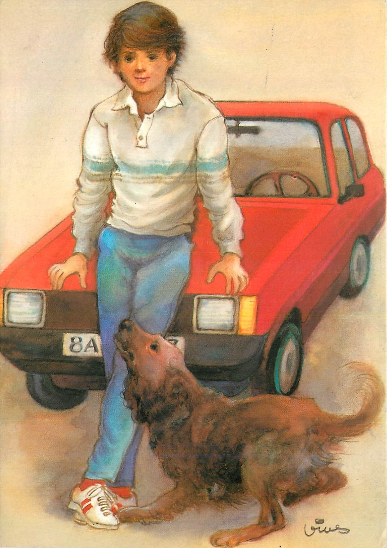 CPM Homme Voiture Chien