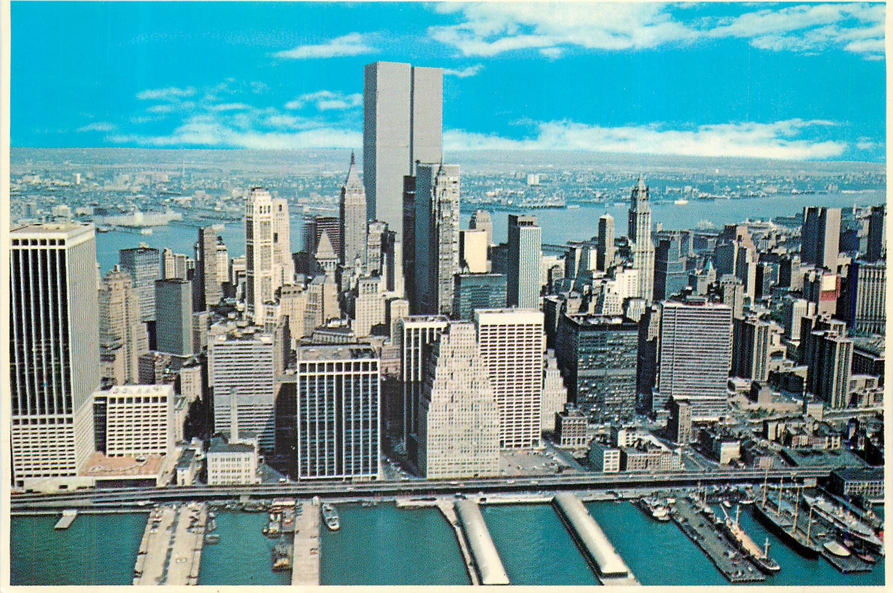 CPM Aerial View of the tower Manhattan skyline showing the East River and the world trade center