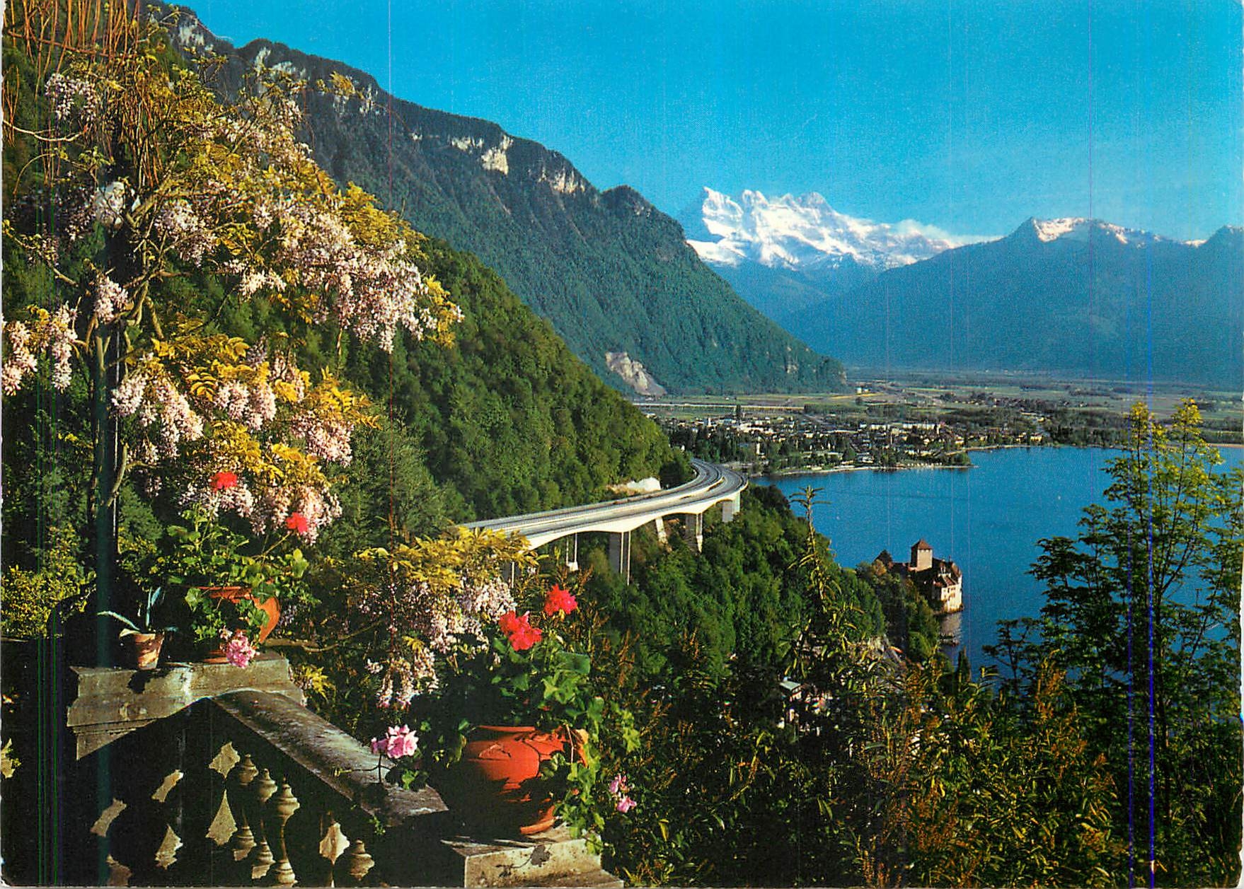 CPM Suisse Montreux autoroute de Leman Chateau de Chillon Villeneuve et les Dents du Midi