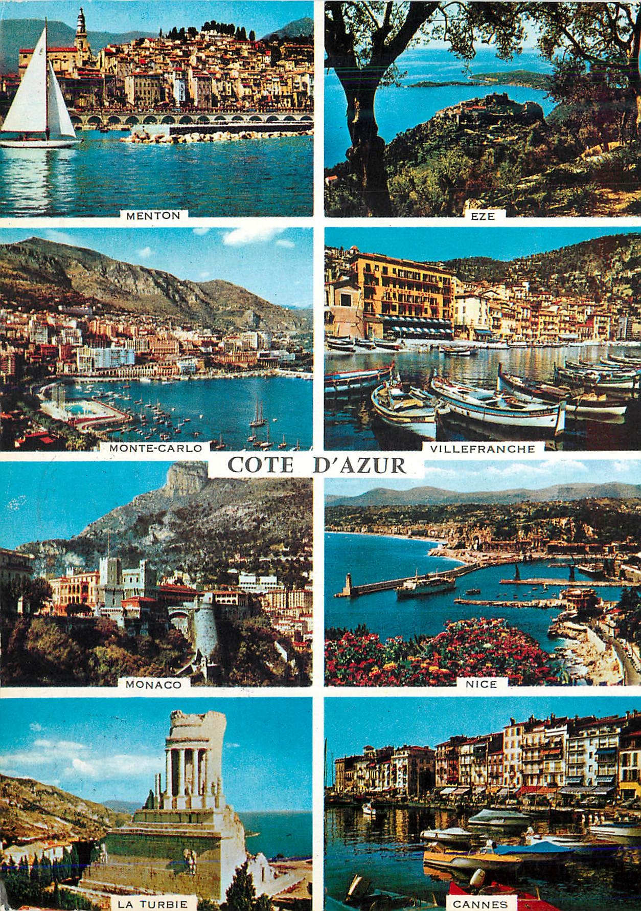 CPM Souvenir de la Cote d'Azur Menton Eze Monte Carlo Villefranche Monaco Nice La Turbie Cannes