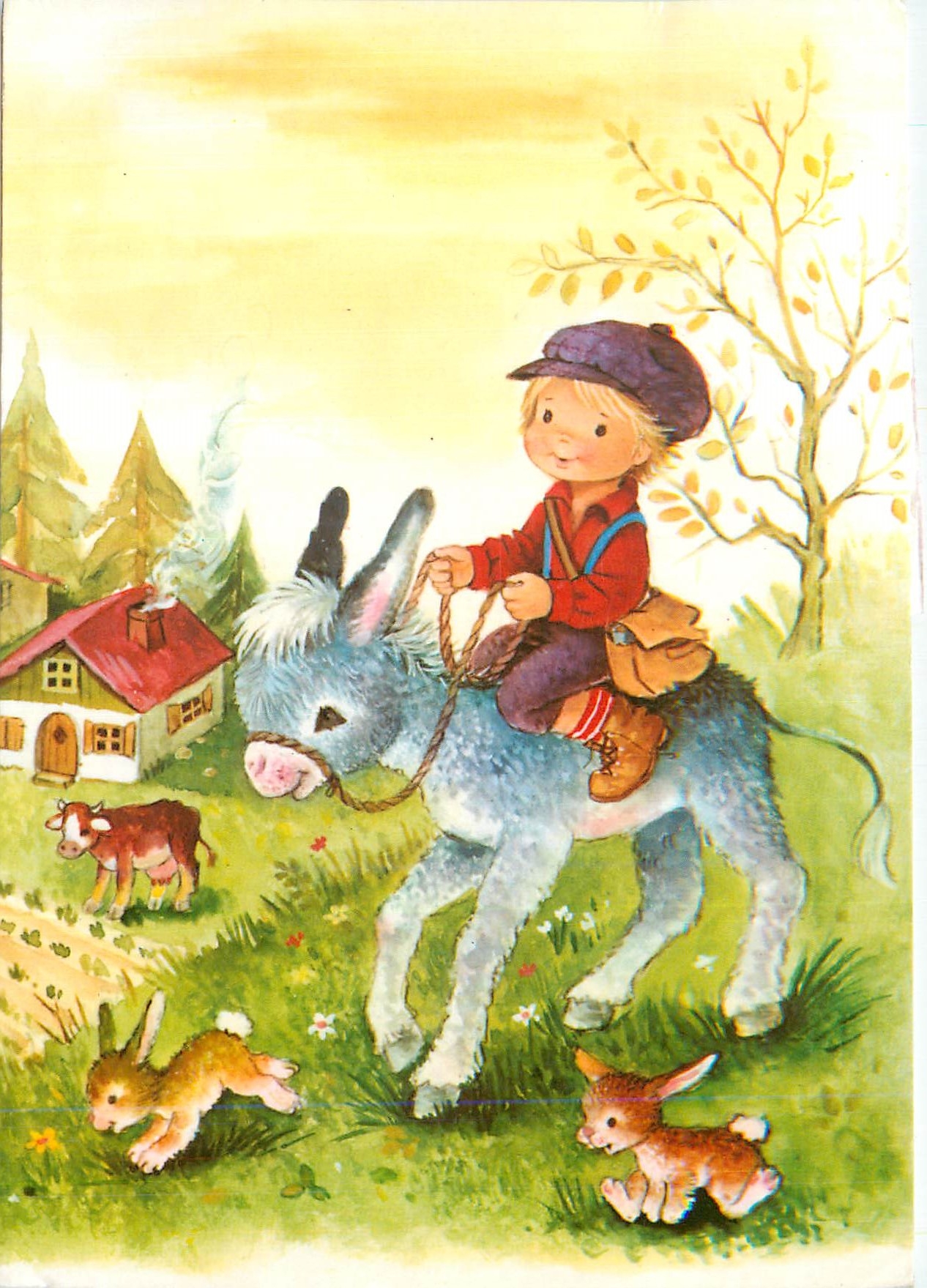 CPM Enfant Ane Donkey Vache Lapin