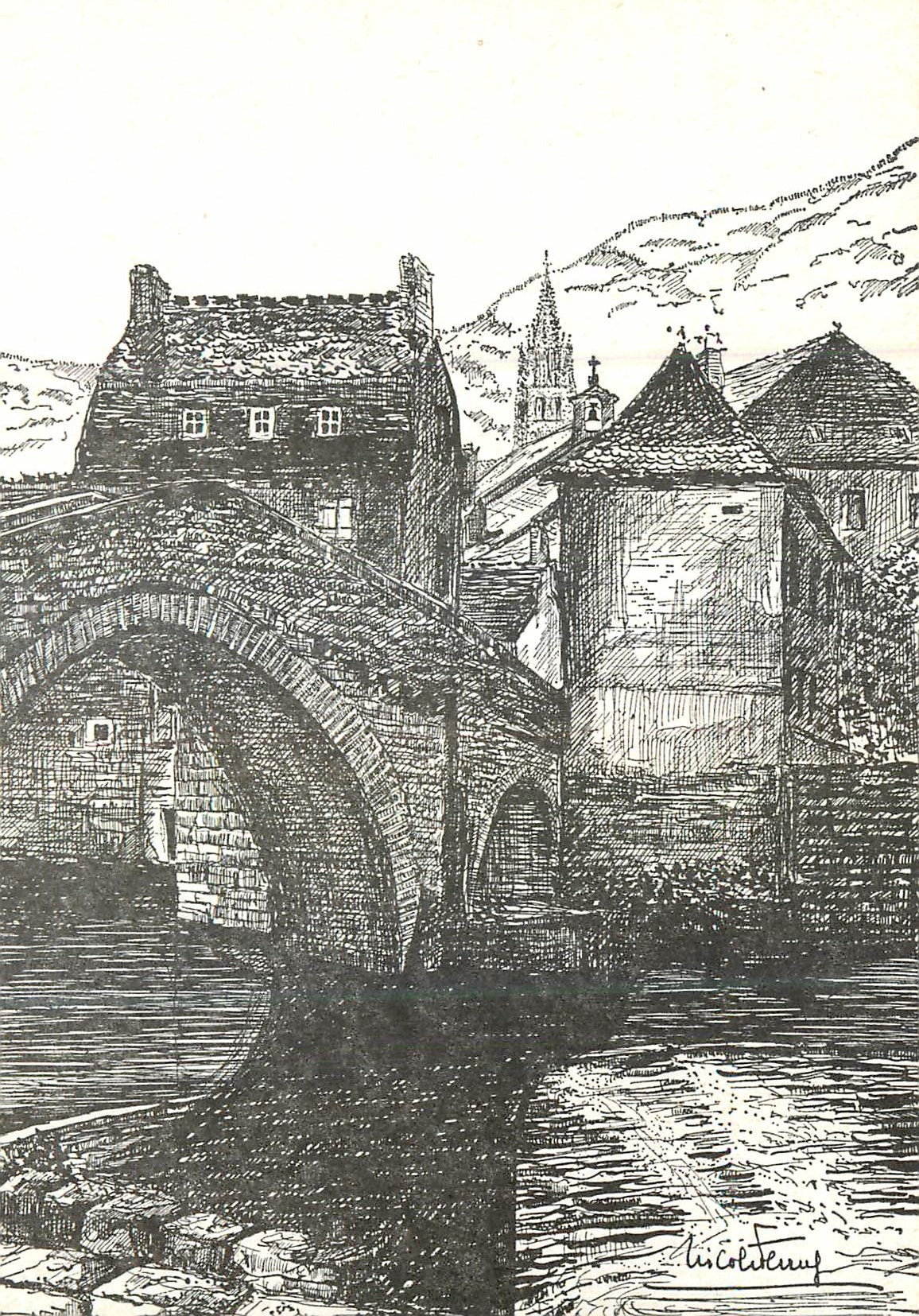 CPM En Parcourant le Vieux Mende Le Pont Notre Dame et dans le Lointain La Cathedrale