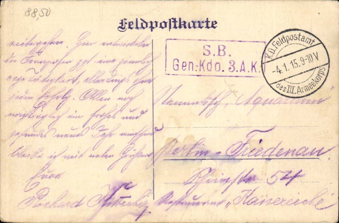 Feldpostkarte des III Armekorps Document RaRe Militaria 1915 3eme armee