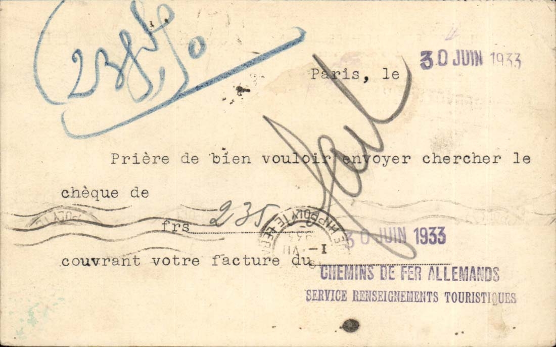 Chart German Railroads Services tourist information 22 place Madeleine Paris Avenue Opera 1933