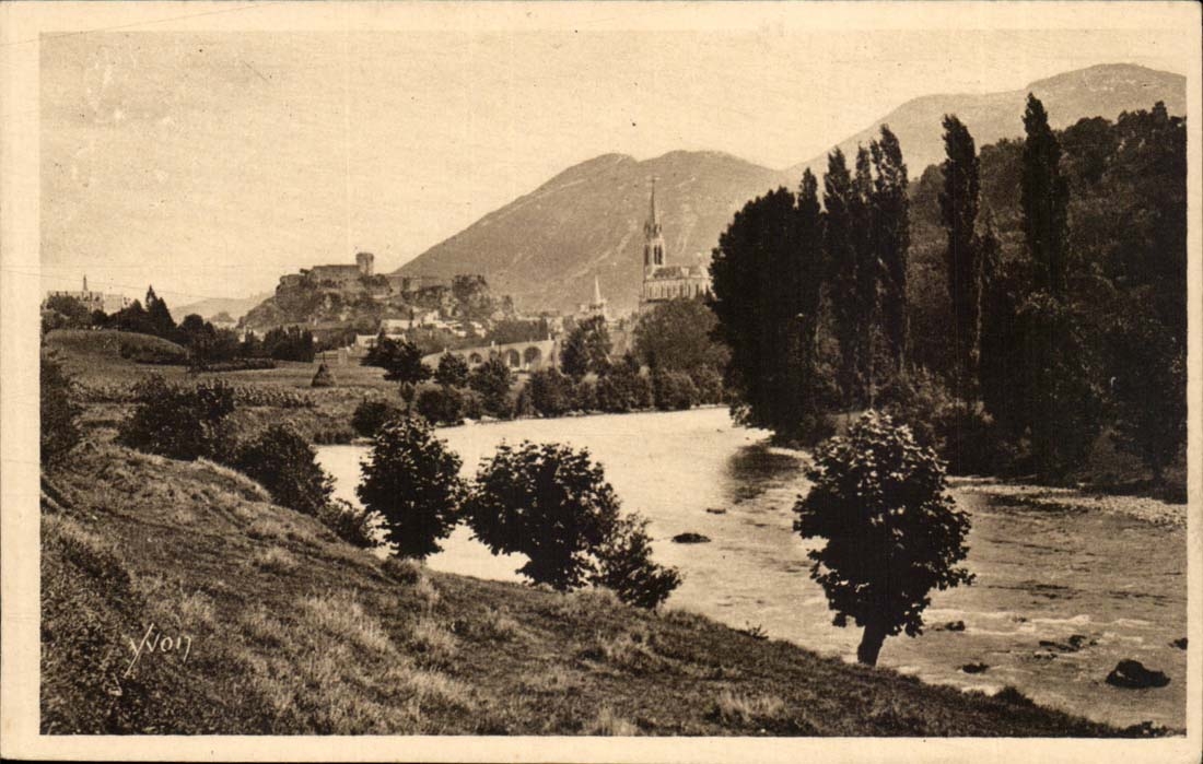 Lourdes CPA the basilica the strong castle and Gave of Pau