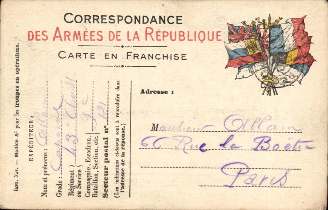 CArte Correspondance of the armies Allain Rue of Boetie has Paris Regiment 43eme drives out