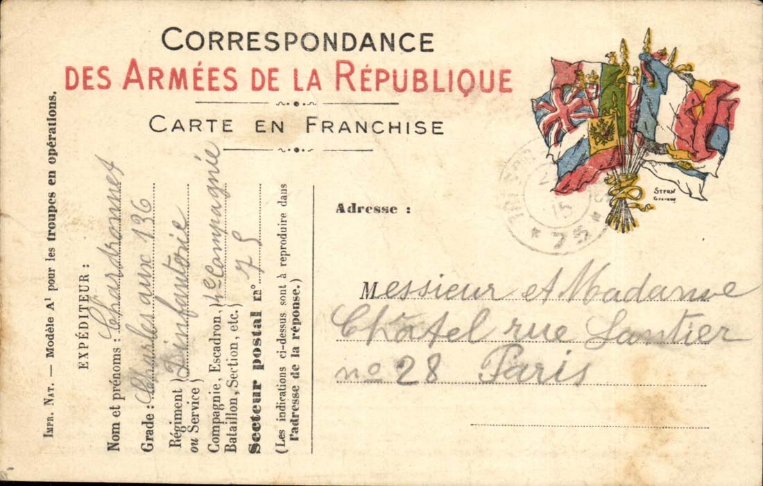 CArte Correspondance of the armies Chatel street Lantier has Paris 4th company