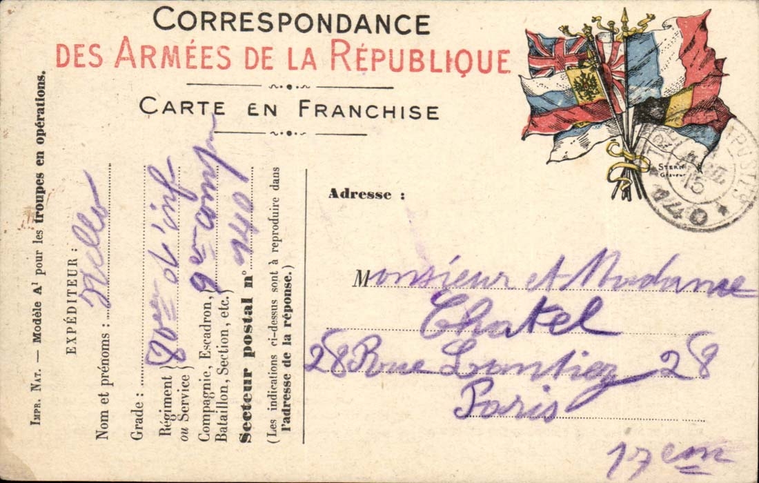 Chart of Correspondence of the armies Chatel 28 rue Lontiez has Paris 9th company