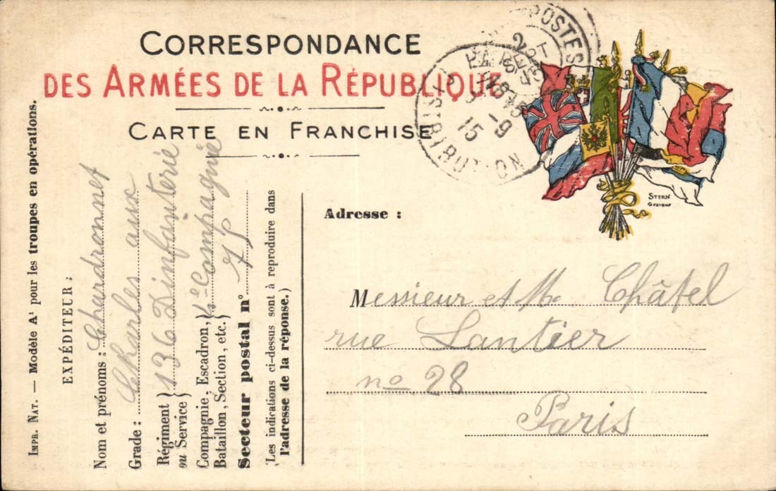 Chart of correspondence Chatel street Lantier has Paris Chardonnet 4th company (militaria)