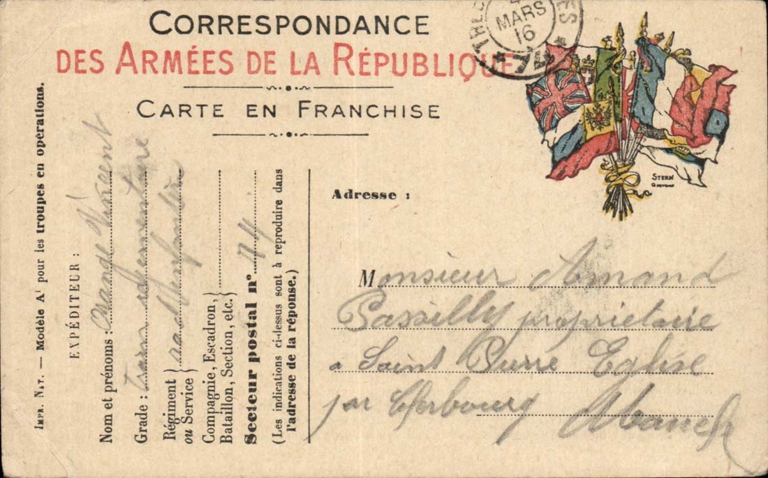 Chart of correspondence Amand Pasilly Healthy Pusie Church by Cherbourg Vincent Orange (militaria)