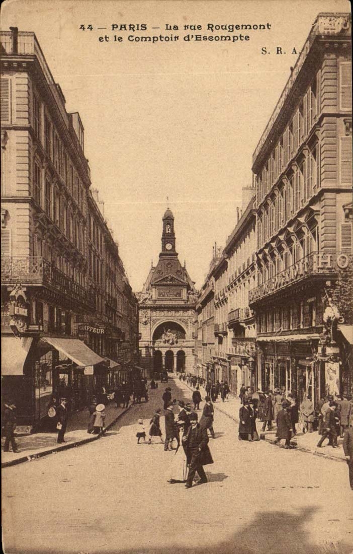 Paris CPA La rue Rougemont et le comptoir d'escompte