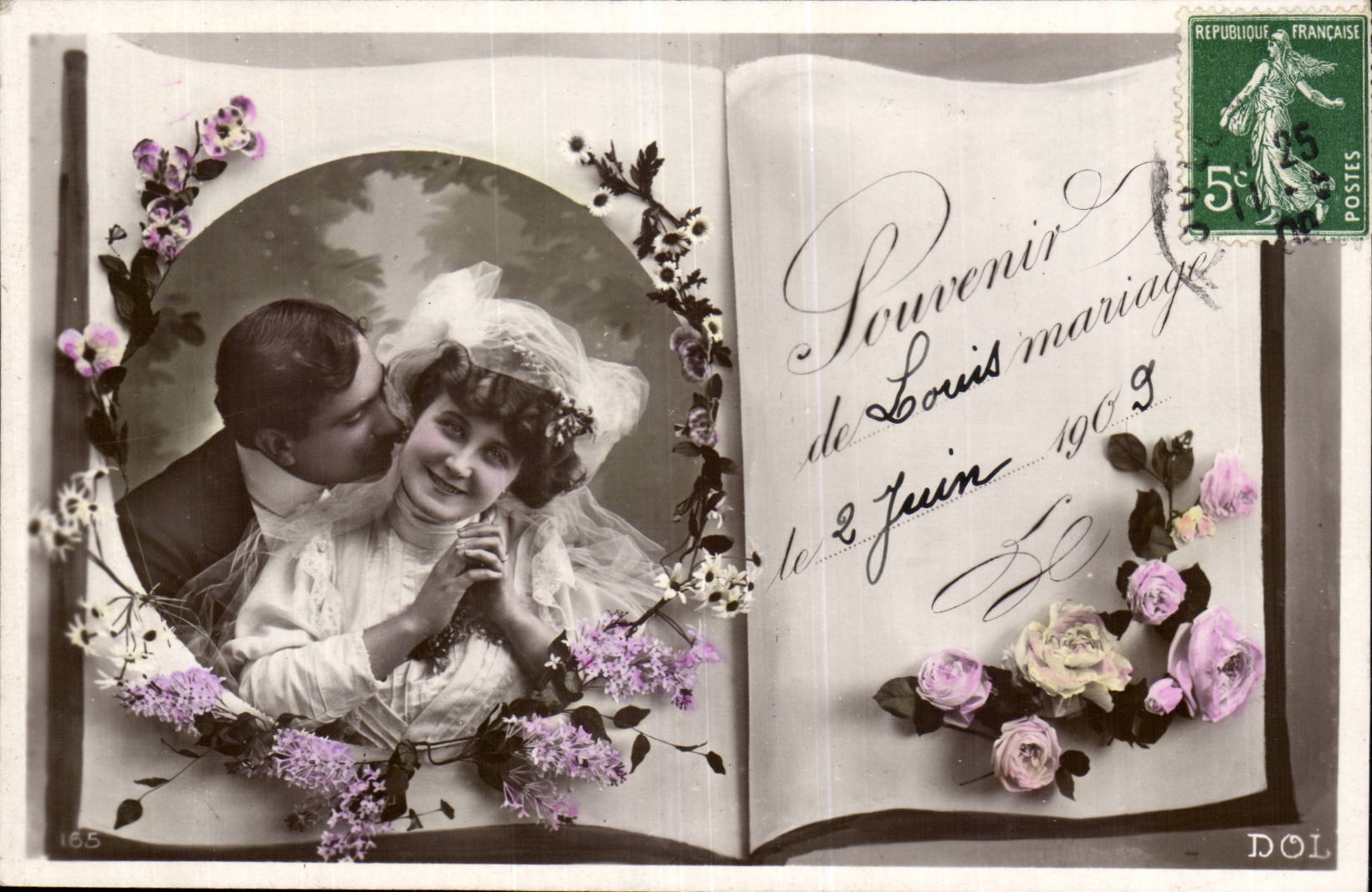 Fantaisie - Couple - Souvenir de Louis Mariage le 2 Juin 1909 - CPA 