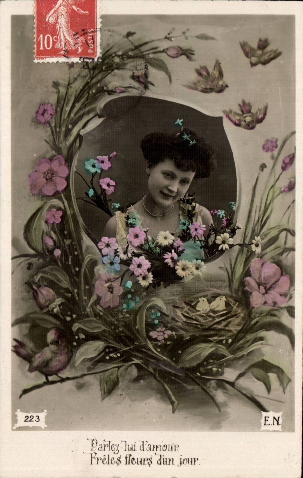 CPA Fantasy Woman Speak him about love Freles flowers one day old