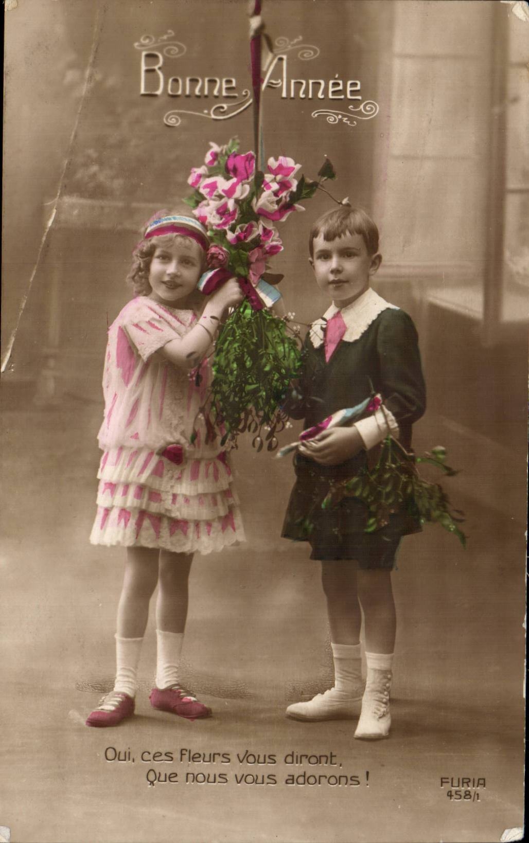 CPA Fantasy Children Happy New Year Yes these flowers will say to you that we adore you
