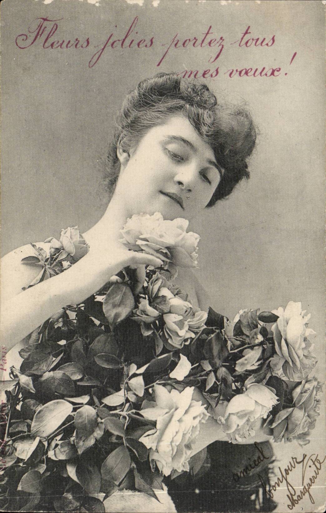 Fantasy - Woman - Flowers Pretty carry all my wishes - Woman contemplating flowers - CPA