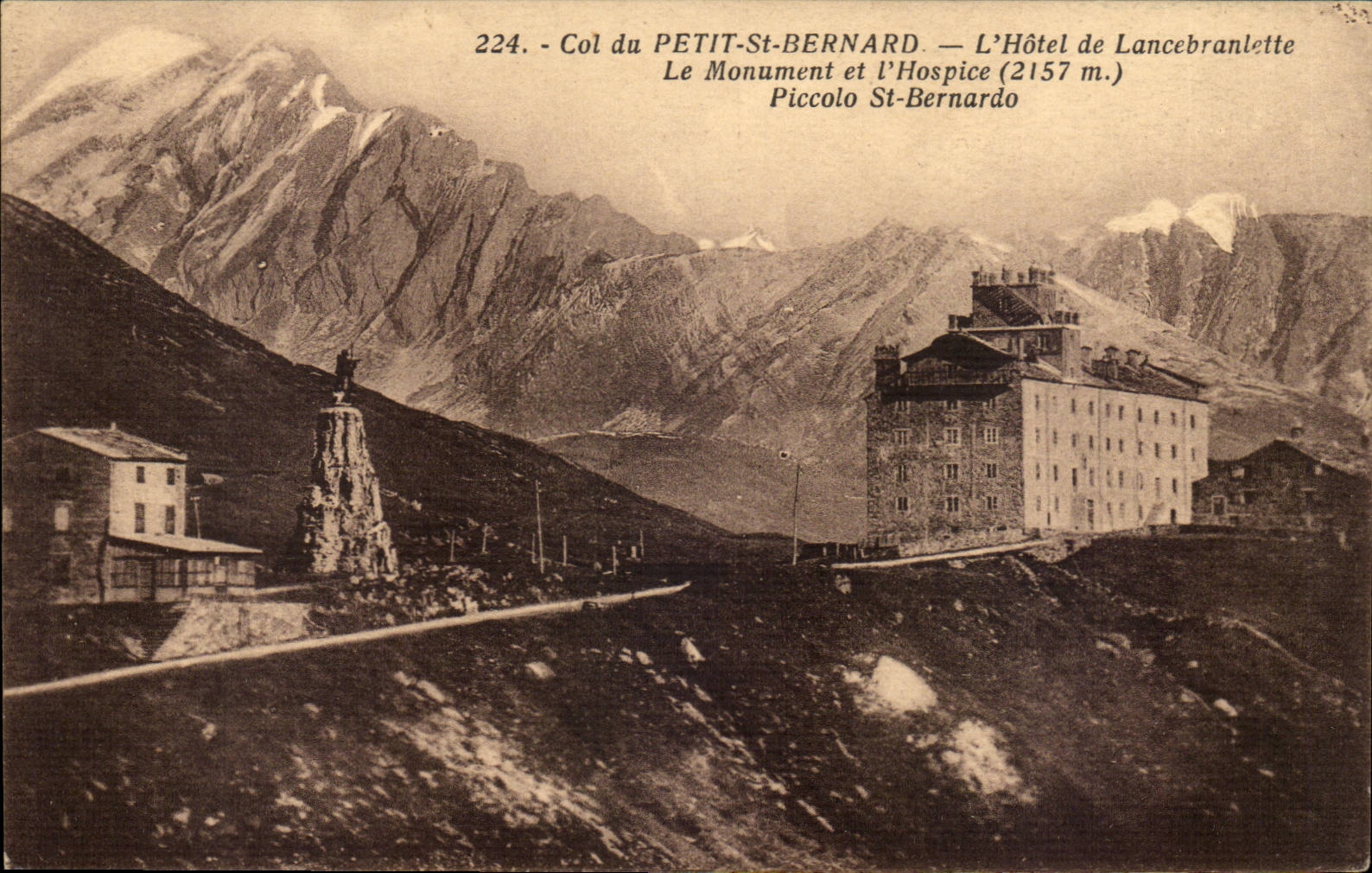 CPA Collar of small St Bernard the hotel of Lancebranlette the monument and the old people's home Piccolo St Bernardo
