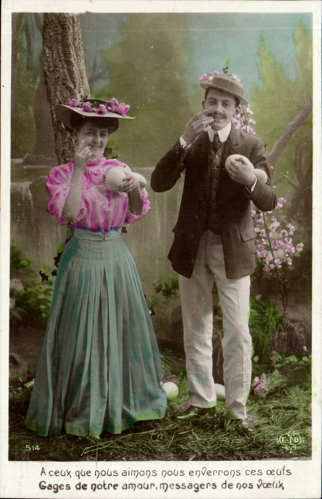 CPA Fantaisie Couple A ceux que nous aimons nous enverrons ces oeufs gages de notre amour messagers de nos voeux
