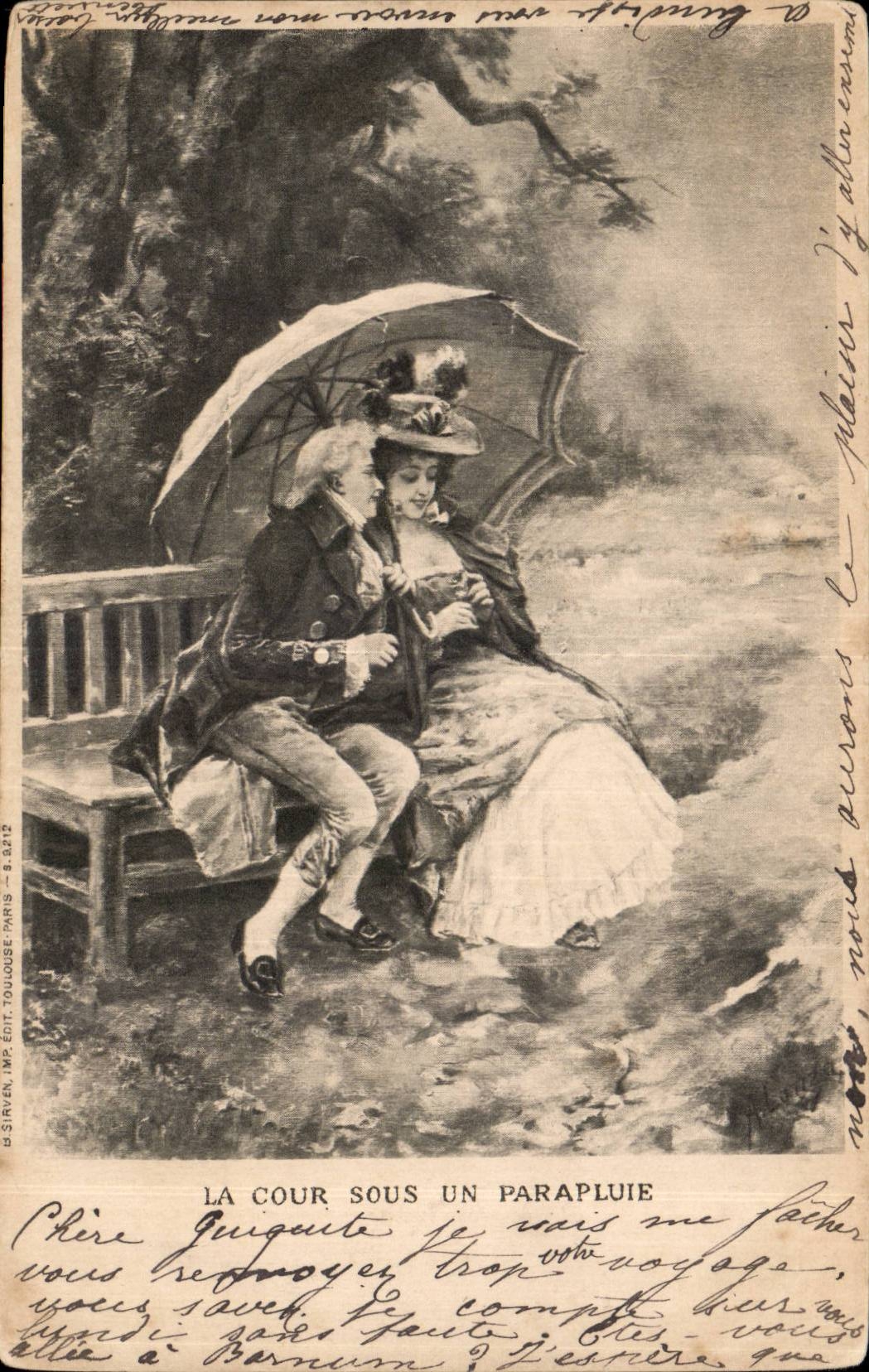 CPA Fantaisie La cour sous un parapluie (couple)