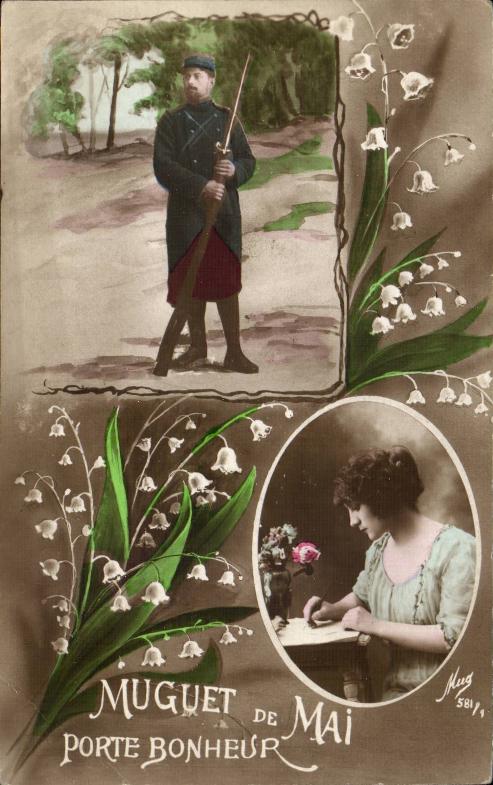 CPA Fantasy Woman and soldier (military lily of the valley militaria) Lily of the valley of May Gate happiness