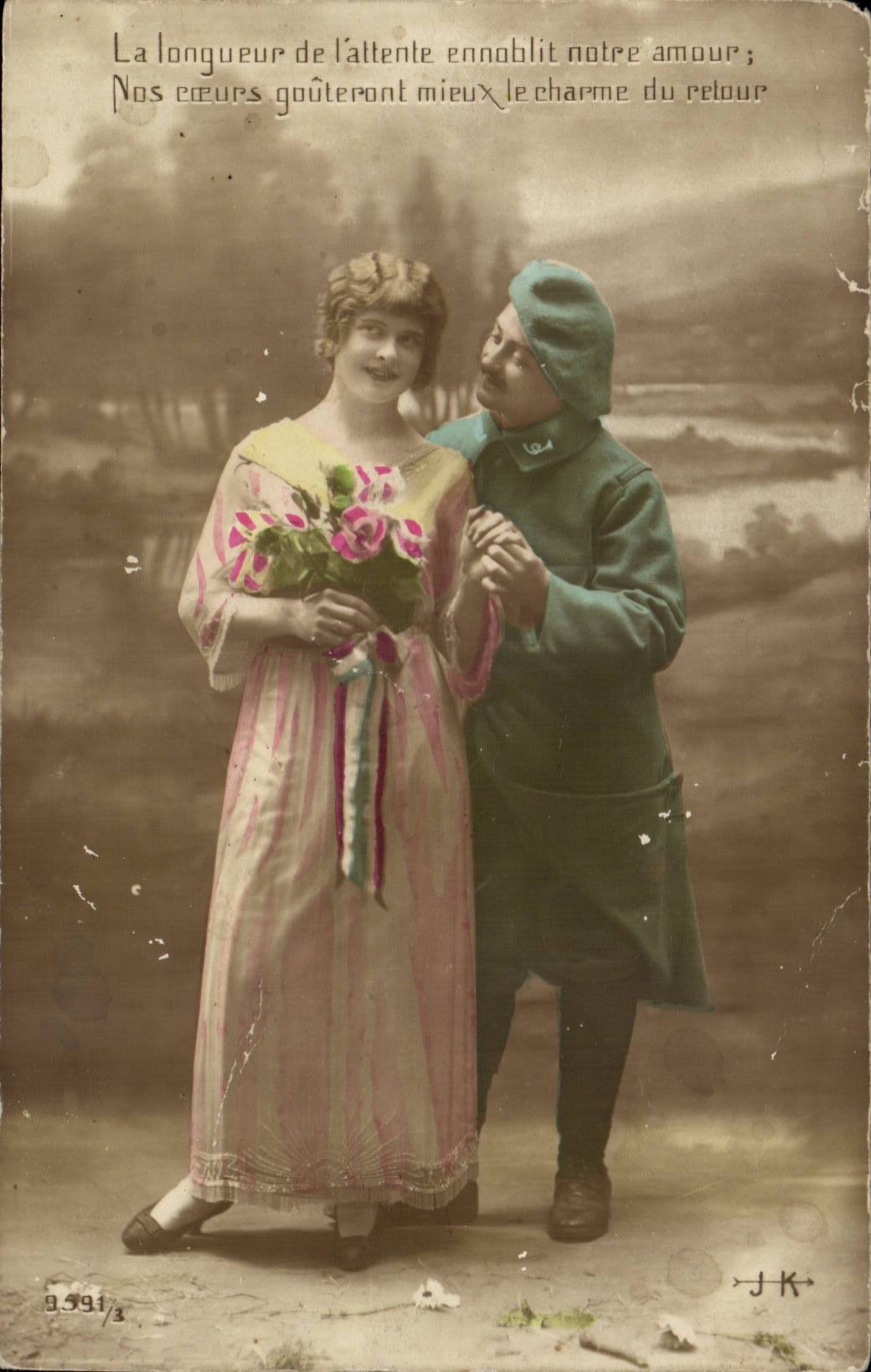 CPA Fantaisie Couple La longueur de l'attente ennoblit notre amour (militaire militaria)