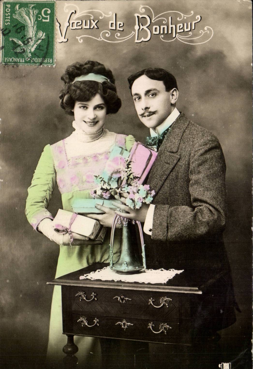 CPA Fantaisie Couple Voeux de bonheur
