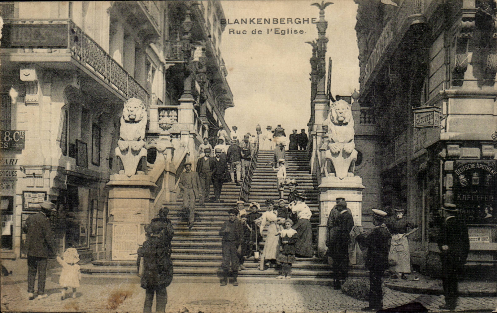 Belgium Belgie CPA Blankenberghe Street of the church (lions very nice shot in spite of defects)