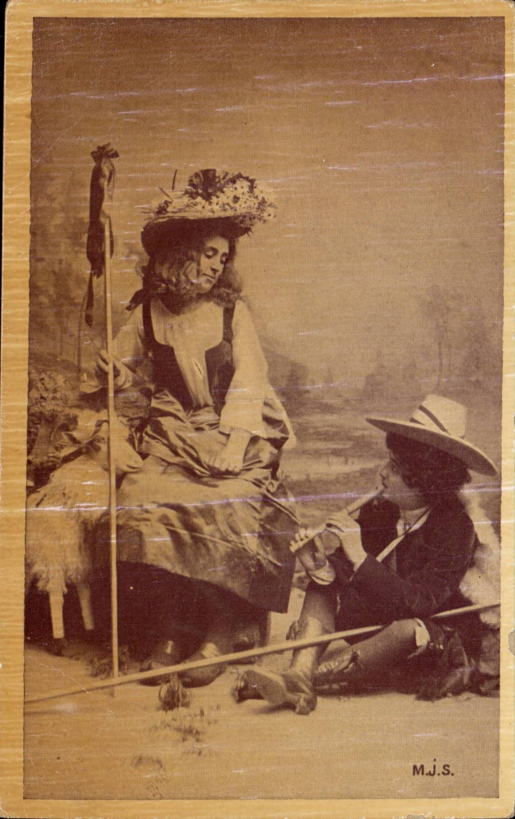 CPA Fantasy Children Shepherd Flute and Goat