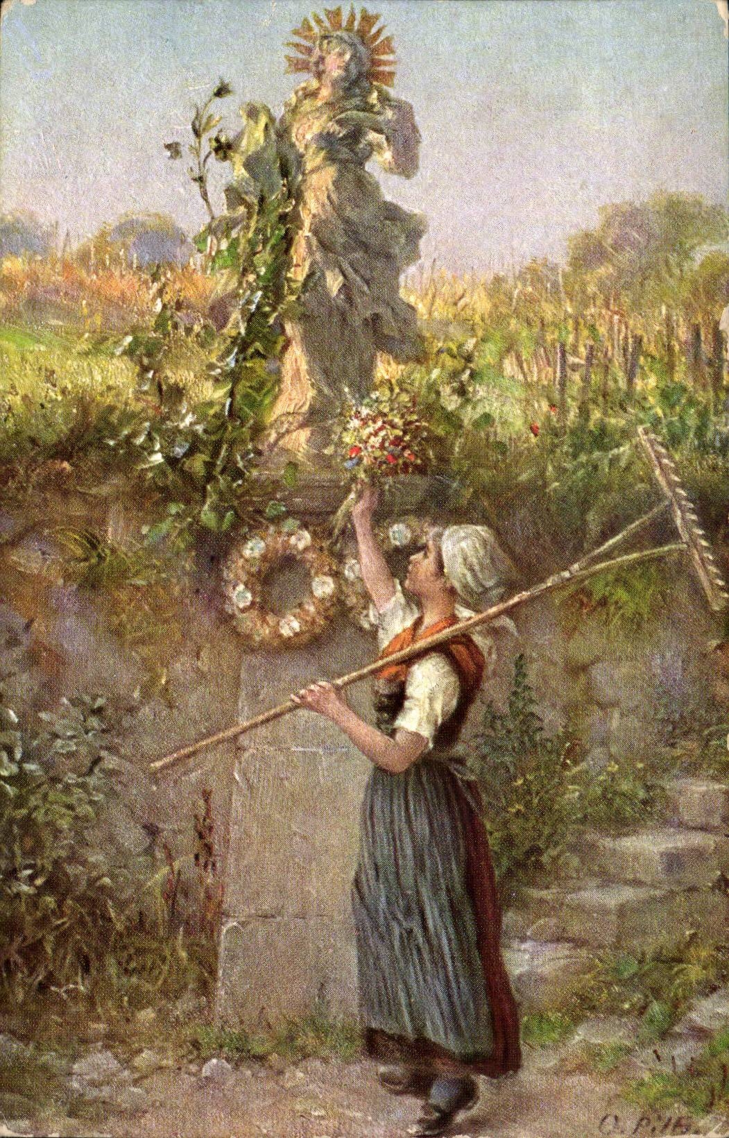 CPA Painting Professor Otto Piltz Madonna im FElde (peasant)