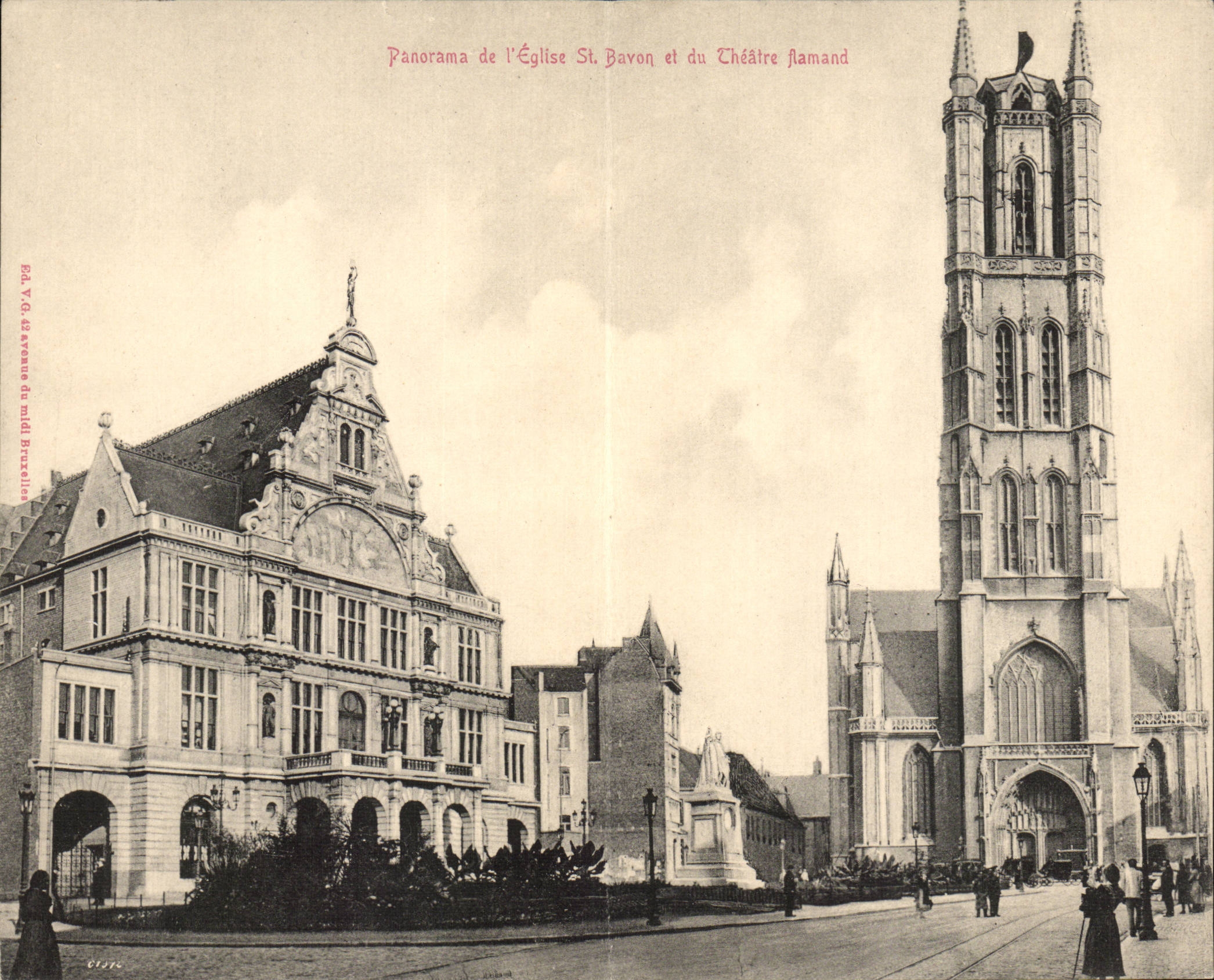 Two Part Card Panorama of the church St Bavon and the Flemish theater