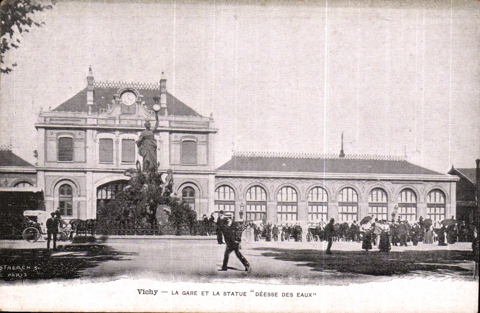 Vichy CPA Train station and Statue the Goddess of water