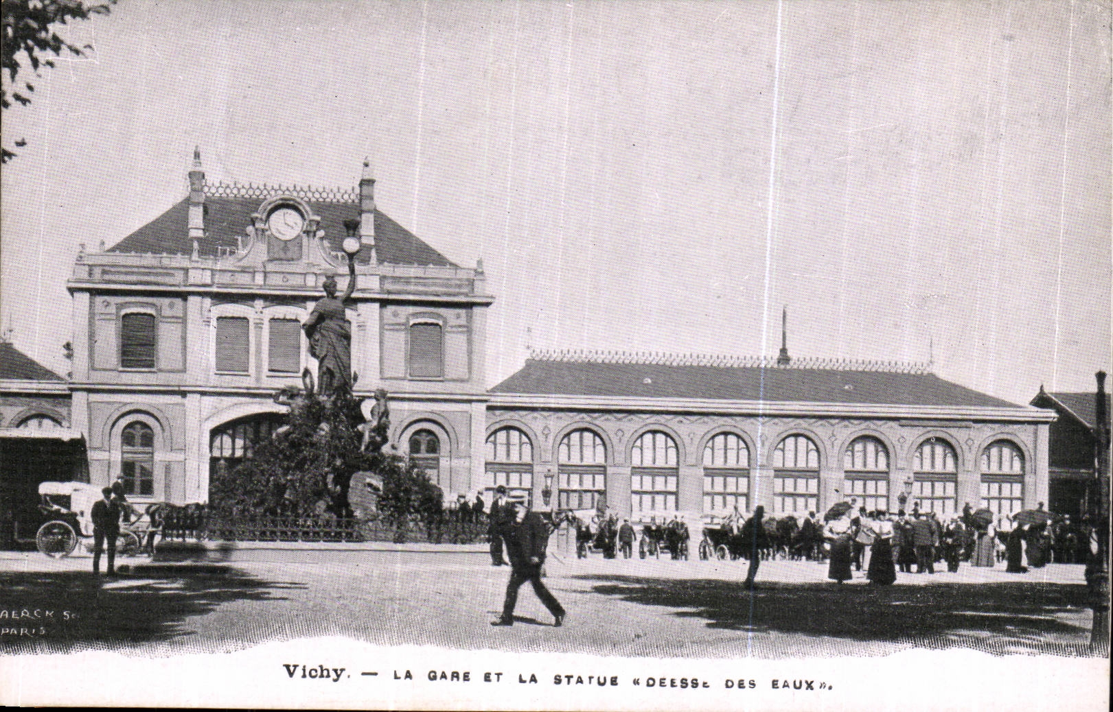 Vichy CPA Train station and Statue the Goddess of water