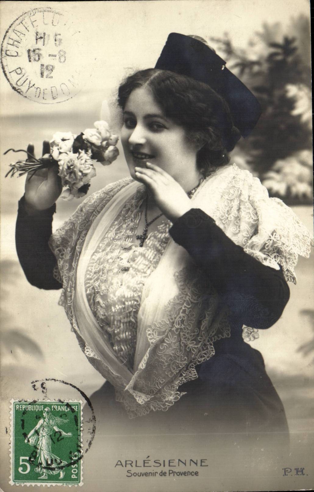 Arles - Arlesienne - Costume - Souvenir of Provence - flowers - pink -- CPA