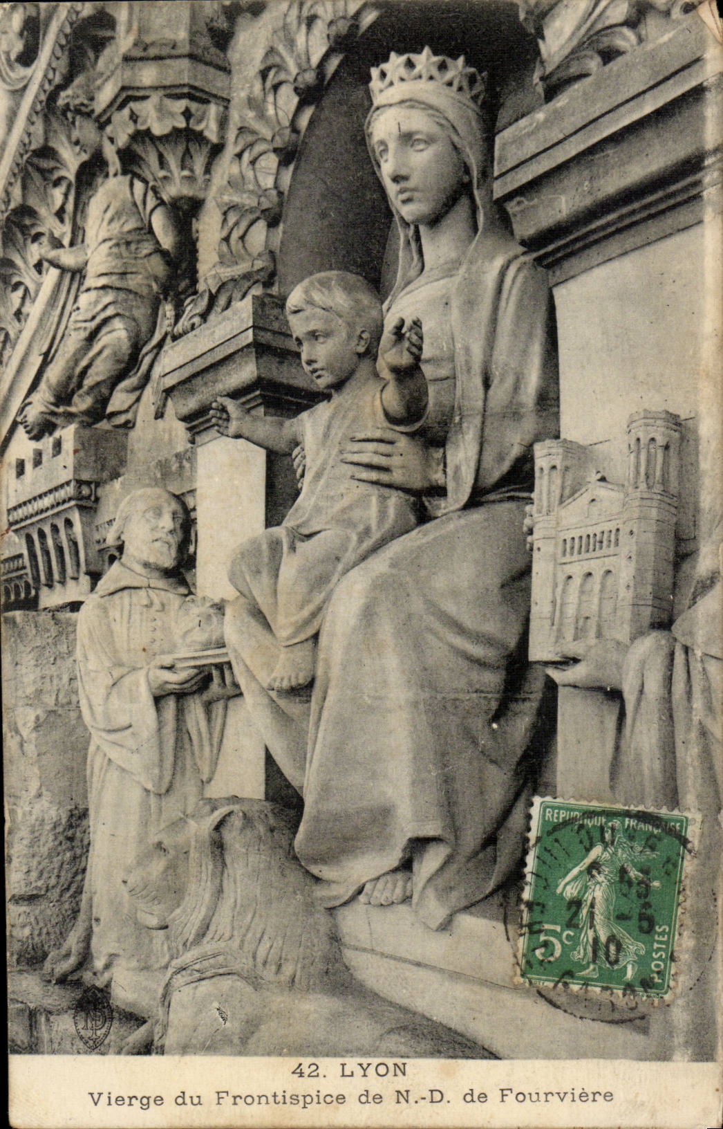 Virgin Lyon CPA of the ND frontispiece of Fourviere