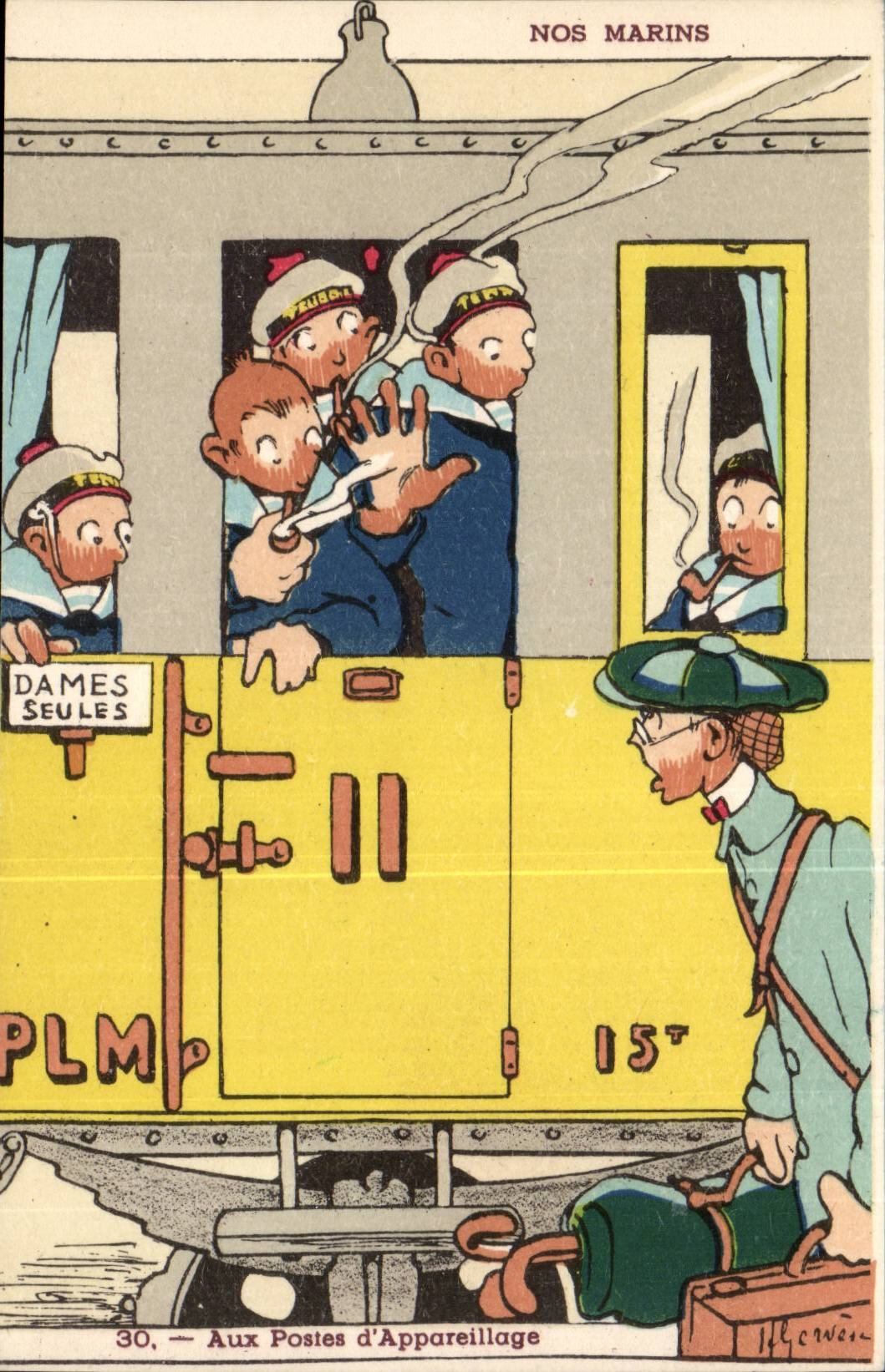 Our Sailors At the Station of Equipment-train-Ladies Only-boat-CPA Gervese Illustrator