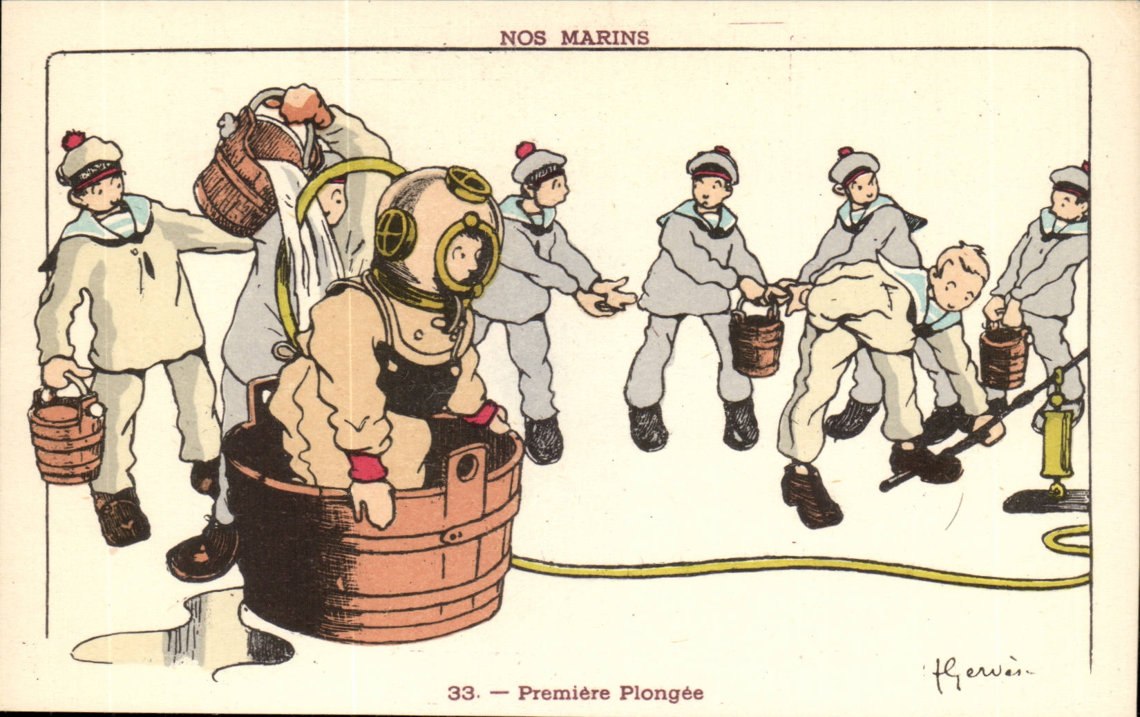 Our Sailors First Diving-boat-CPA Gervese Illustrator