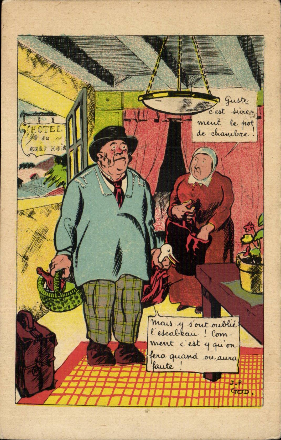 Fantaisie - Fantasy CPA Hotel du cerf noir Guste c est surement le pot de chambre GOD Illustrateur Humour