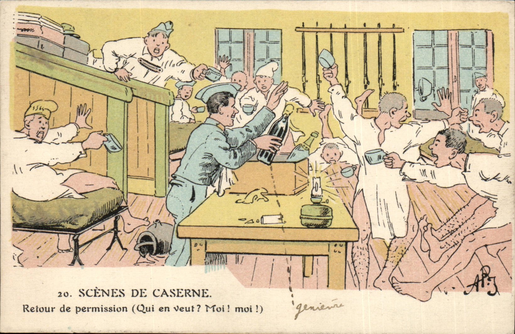 Fantasy CPA Scenes of barracks Return of permission Militaria Illustrator Humor