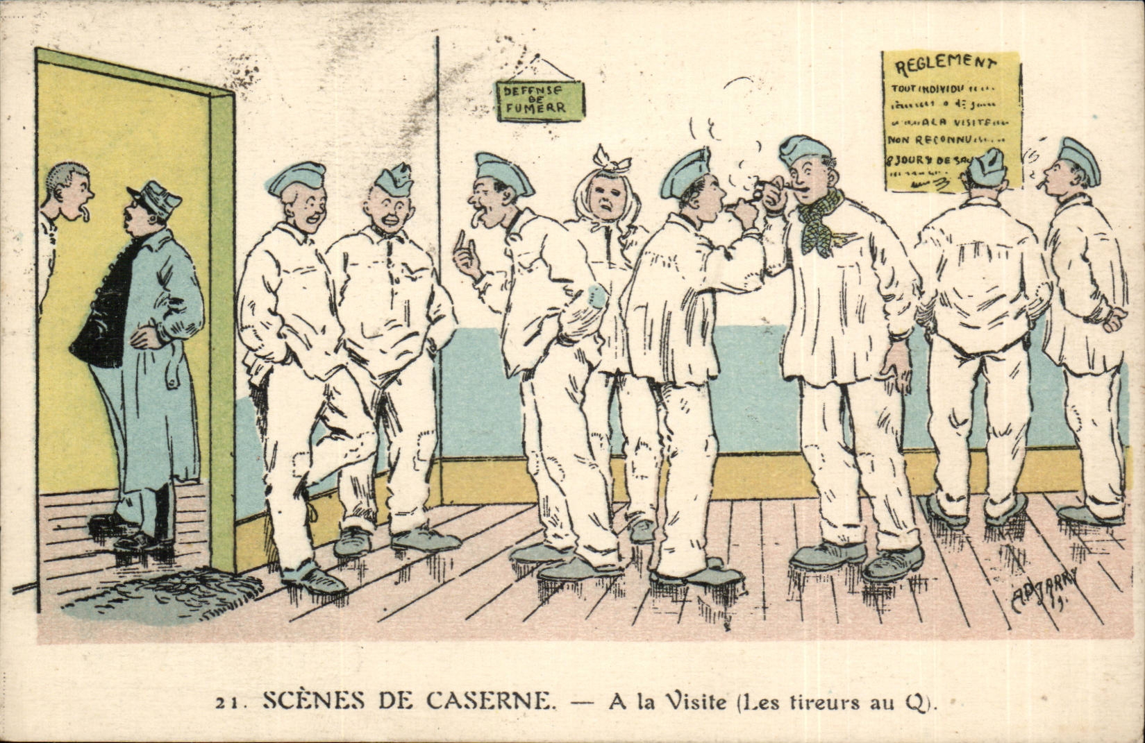 Fantasy CPA Militaria Scenes of barracks To the visit (gunners with Q) Infirmary Illustrator Humor